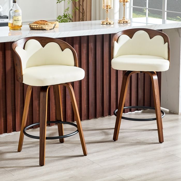 Lot de 2 Tabourets de Bar Pivotants - Dossier Fleur en Bois Courbé Finition Noyer et PU Crème - Chaise de Bar Ergonomique et Stable