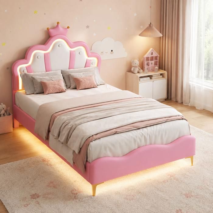 Lit enfant rose 90x190 cm rembourré avec LEDfille/adotête de lit réglablesommier à lattescouronne princesseidéal chambre