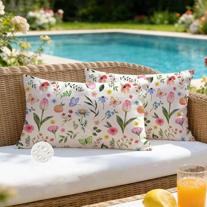 Housse Coussin Exterieur Impermeable 30x50 Fleurs Fleur Feuille Papillon Décoratif Taie 50 x 30 cm (Lot de 2) Rose