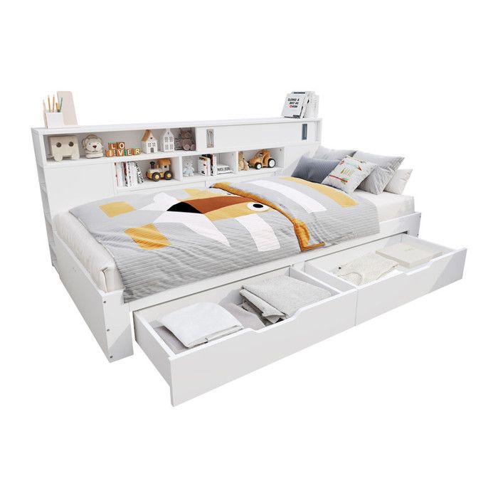 Lit enfant 1 place 140x190 cm multifonction blanc lit de jour avec tiroirs étagère armoire et coffre de rangement sans matelas
