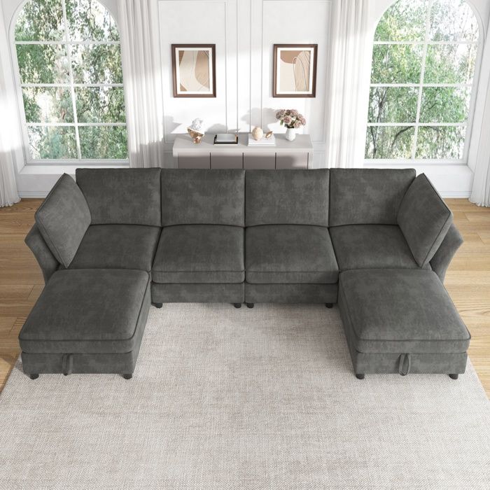 Canapé d’angle U/L modulable 6 places 289x137x84 cm 2 poufs coffre 2 coussins d’accoudoir ressorts ensachés chenille gris