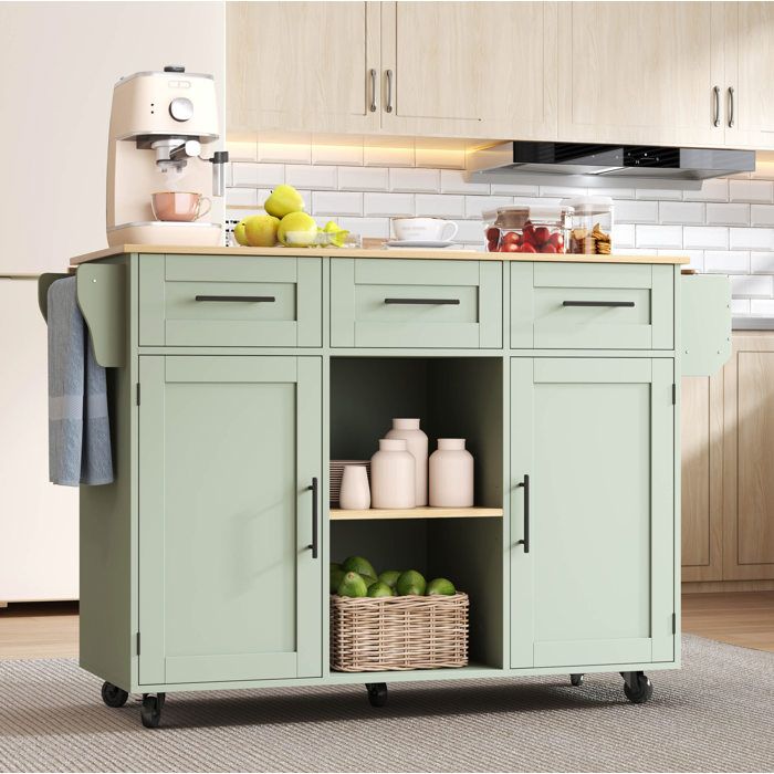 Desserte de cuisine 3 Tiroirs 2 Portes Plateau Rabattable sur Roulettes - YEAVIO - Vert Antique Aspect Bois 139×46(71)×91 5 cm