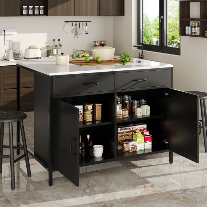 Desserte de cuisine rangement avec plaque de travail100 x 90 x 90 cm (L x B x H) avec structure en marbre pieds réglablesnoir