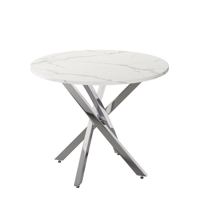 Table a manger ronde 80 cm - effet marbre - pieds metalliques argentes - blanc et argent