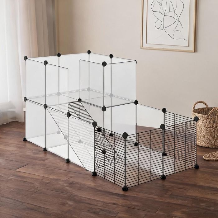 Parc modulable pour petits animaux – 27 panneaux clipsables en résine PP noire et métal – Surface au sol 140 x 70 cm
