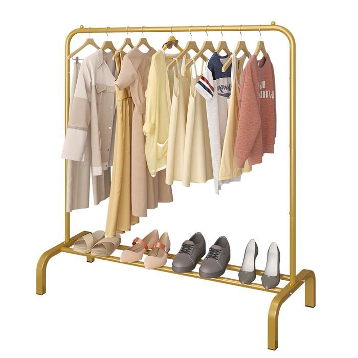 Portant à vêtements métal doré 110 cm avec étagère à chaussures - Manteau jupes chemises - Autoportant style vintage