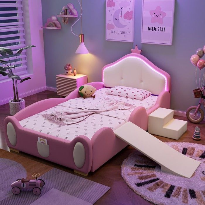 Lit capitonné pour enfant - BLACKCOLOR - Design couronne - Bande LED multimodes - Toboggan et escalier interchangeables