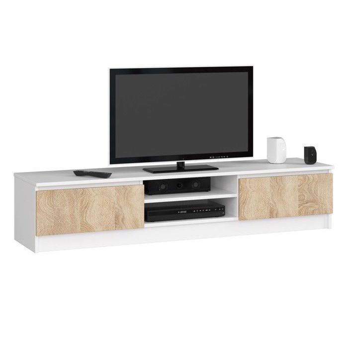 Meuble TV pour salon AKORD Blanc 160 cm 2 portes façade Chêne Sonoma 2 étagères 160x40x33 cm Meuble TV pour salon AKORD Blanc 160 cm 2 portes façade Chêne Sonoma 2 étagères 160x40x33 cm