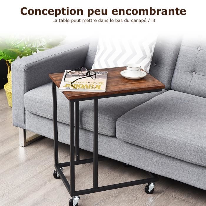 costway bout de canapé style industrielle avec 4 roues table d'appoint mobile en forme de c cadre en métal pour salon,chambre,bureau