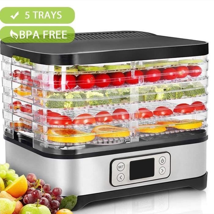Déshydrateur Alimentaire FOHERE 240W - 5 Plateaux, Température Réglable 35-70°C, Pour Fruits, Légumes, Viande Et Poisson