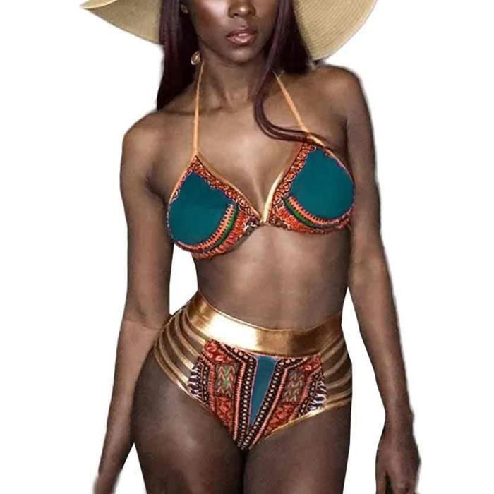 Vert L Maillot de bain a imprime africain pour femmes Bikini de luxe avec timbre dore taille haute car Cdiscount Maison