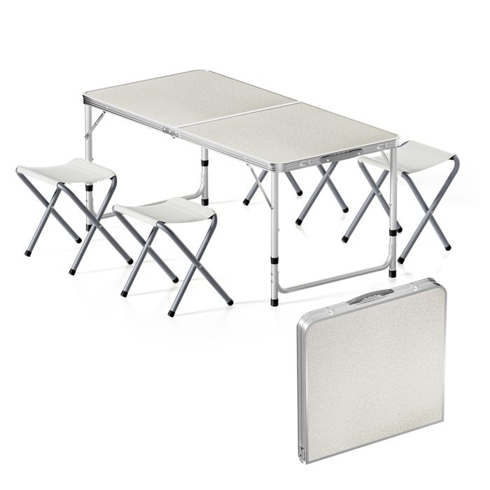 Wiltec Kit Table de camping pliante 1200 x 600 x 545 mm avec 4 assises tabourets table portable blanche MDF/alu réglable en haut Wiltec Kit Table de camping pliante 1200 x 600 x 545 mm avec 4 assises tabourets table portable blanche MDF/alu réglable en haut