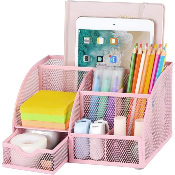 2 Organisateurs De Bureau Avec 5 Compartiments + Tiroir - Range Stylos, Papeterie - Rose & Bleu - 6