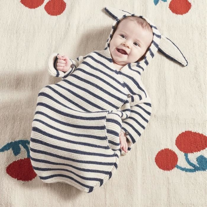 Couverture De Bebe Couverture Rayee En Tricot A Capuchon Avec Oreille De Lapin 177 Cdiscount Puericulture Eveil Bebe