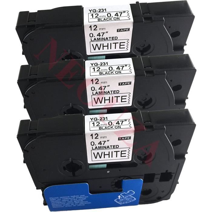 Rubans étiquettes Brother P-Touch TZ-231 / TZe-231 – 12 Mm Noir Sur Blanc – Lot De 5 Cassettes