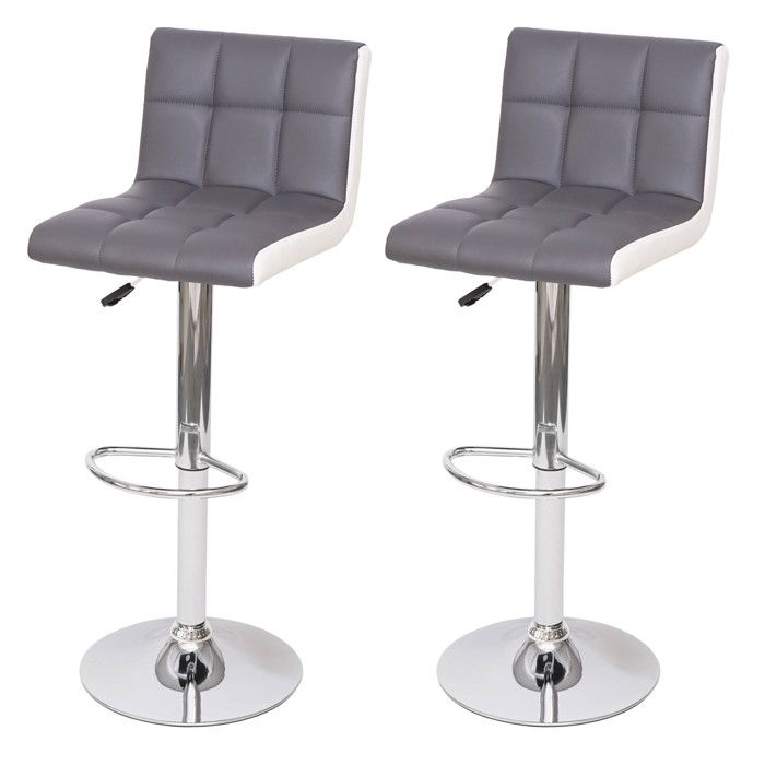 2x Tabouret de bar HWC-G87 chaise bar/comptoir réglable en hauteur - similicuir gris-blanc pied chromé