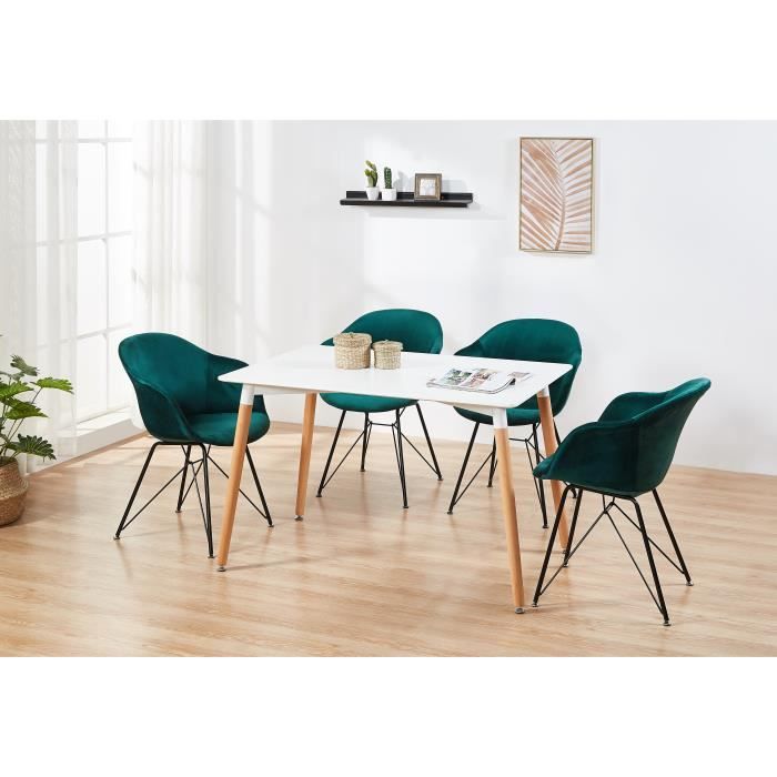 table a manger halo blanche 4 chaises en velours vert emeraude style contemporain salle a manger salon cuisine cdiscount maison