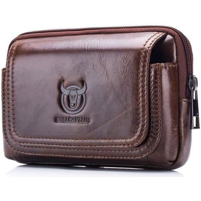 Bullcaptain Sac sacoche pochette banane en cuir pour hommes，fit Smartphone de 5 à 6 pouces