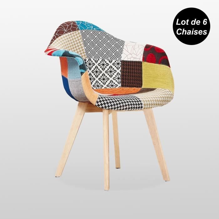 lot de 6 chaises en tissu patchwork - design scandinave - accoudoirs - salle à manger, salon, bureau - style rétro