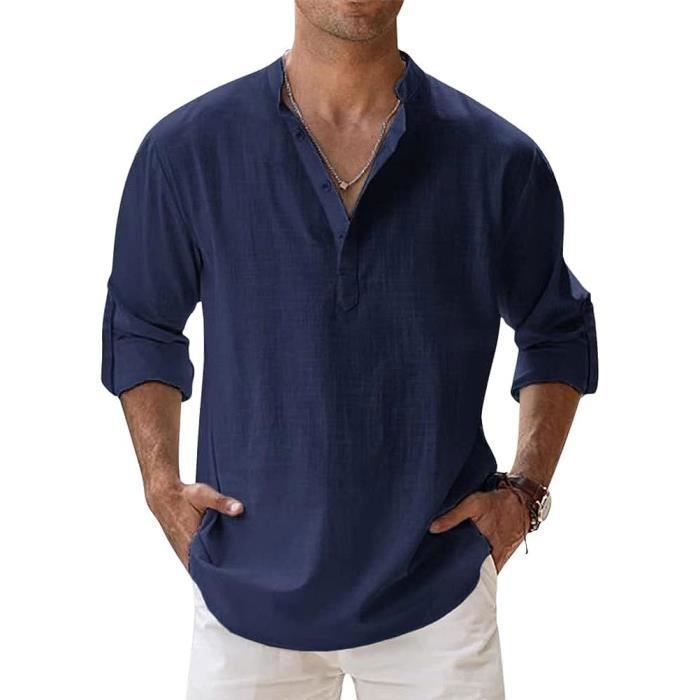 Chemise en Lin Homme Chemisette Casual Manches Longues Bleu