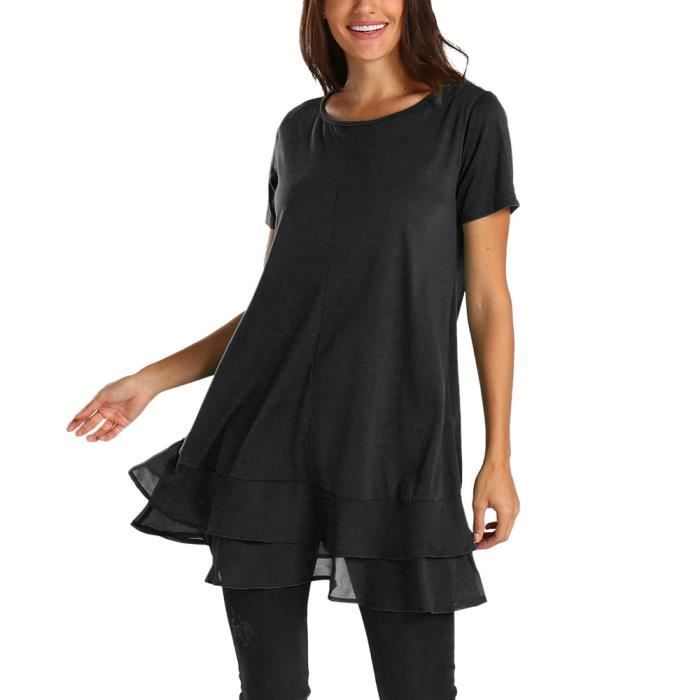 Tunique à manches courtes femme Tops col rond en mousseline de soie Hemline  en vrac Blouses Noir Noir - Cdiscount Prêt-à-Porter