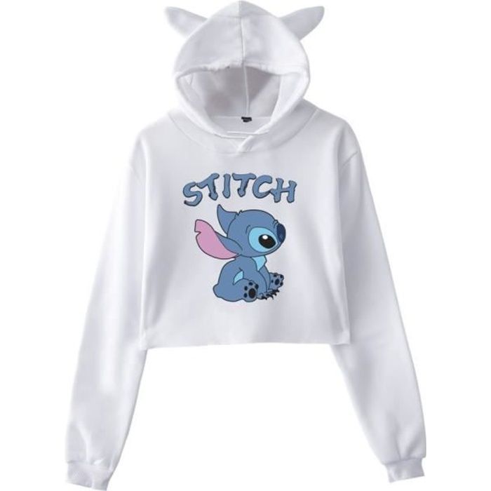 Stitch Mode Décontractée Sweatshirt à capuche court pour Femme Blanc
