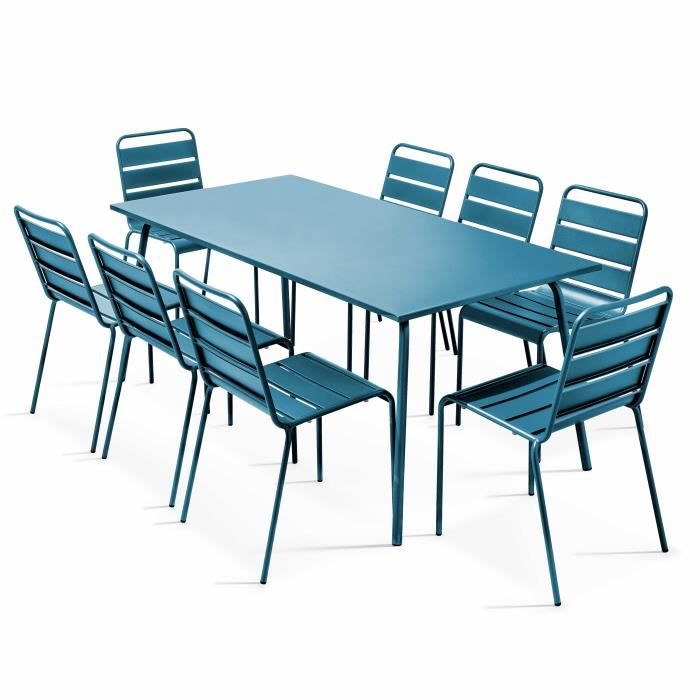 Ensemble table de jardin et 8 chaises - OVIALA - Palavas - Acier - Bleu Pacific