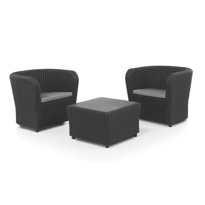 Salon de jardin extérieur 2 places coloris anthracite (2 fauteuils + table basse) Salon de jardin extérieur 2 places coloris anthracite (2 fauteuils + table basse)