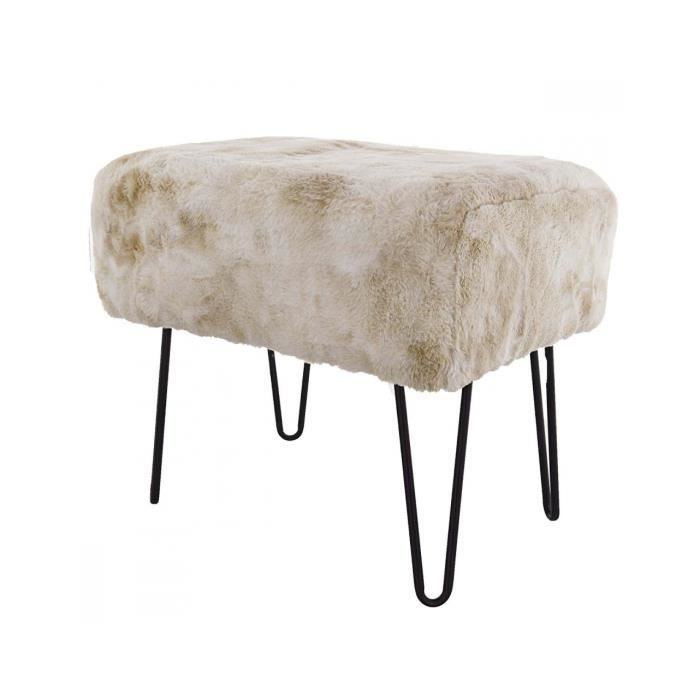 Tabouret Pouf Effet Fourrure Pieds en Pin - Confort et Style