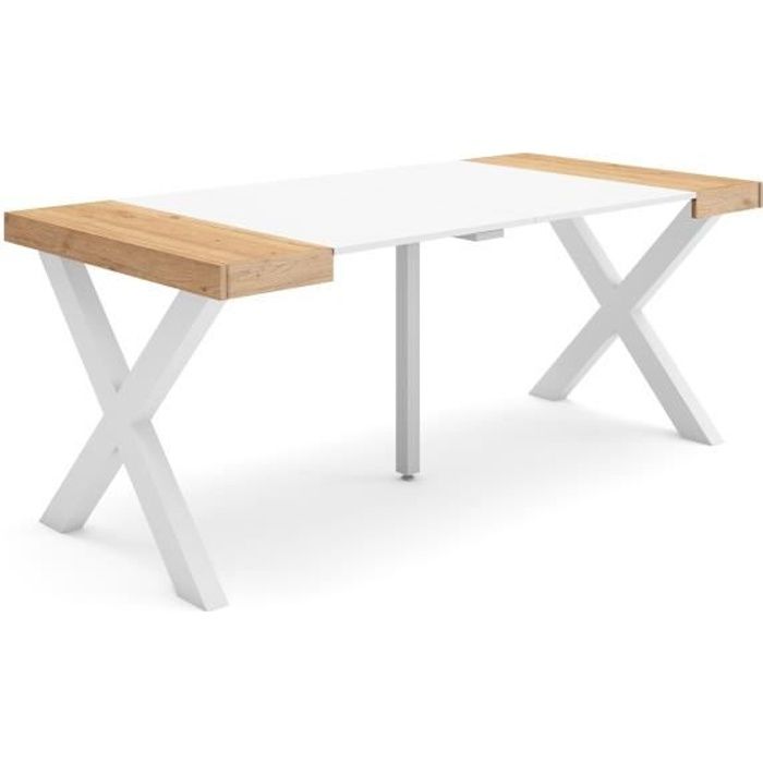 Table console extensible 180x90x72 6cm Pour 8 personnes Pieds bois massif Chêne et blanc RF2766