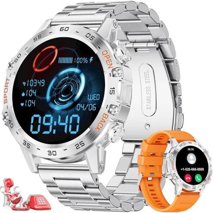 Montre Connectée Homme Militaire (3 Bracelets), 1,43" Hd Amoled Montre Sport, Smartwatch Argent
