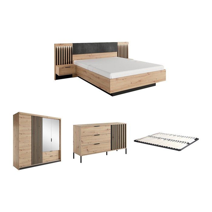 Ensemble lit avec chevets 160 x 200 cm + Sommier + Commode + Armoire - Coloris : Naturel et noir - ARIADA