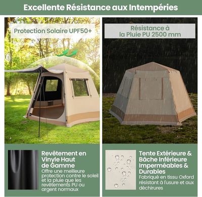 Tente De Plage, Abri Solaire, Auvent Portable UPF50+ Avec 4 Poteaux De Stabilit Et 8 Sacs De Sable 3 X 3 M 443426