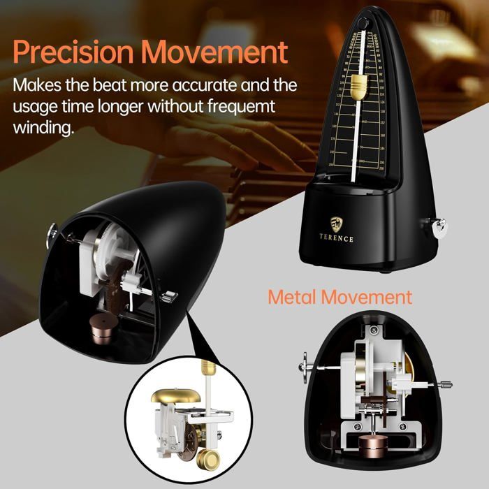 Métronome Mécanique TERENCE - Métal - Cloche Réglable - 40-208 Bpm - Pour Piano, Guitare