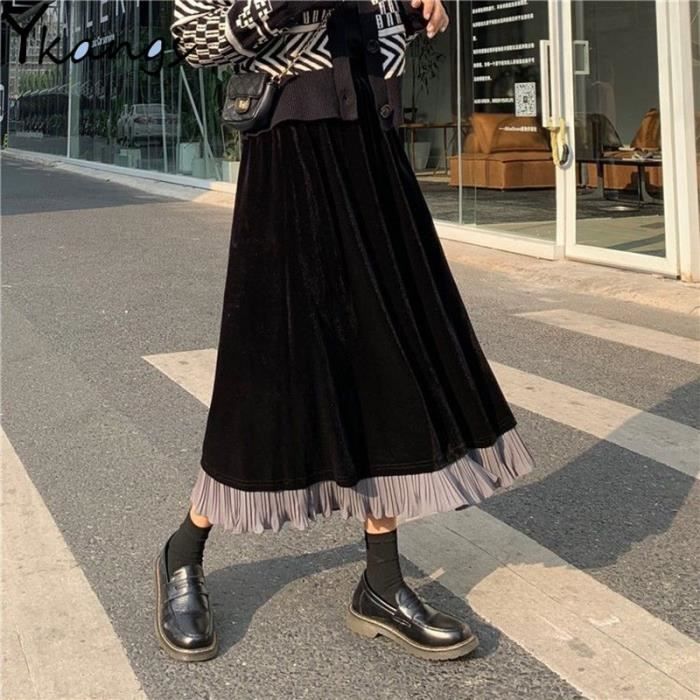 Jupe plissee en velours pour femmes Vintage Harajuku Taille haute Noir Blanc Cdiscount Pret a Porter