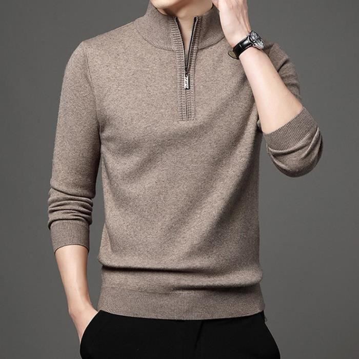 Pull Homme Zippé Col Montant - Hiver, Tissu Tricoté Chaud, Style Décontracté Élégant