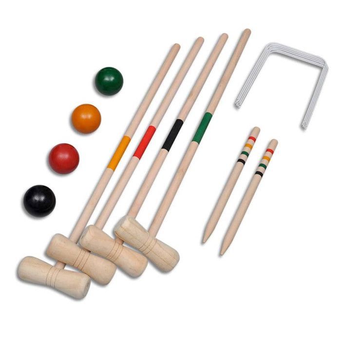 Jeu De Croquet AufuN 4 Joueurs - En Bois De Pin - Pour Jardin Et Extérieur - Idéal Pour Enfants Et Adultes