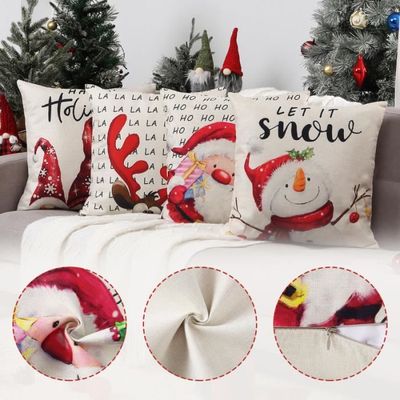 Lot De 4 Housses De Coussin De Noël 45x45 Cm – Motifs Père Noël, Bonhomme De Neige, Flocons Or Et Rouge