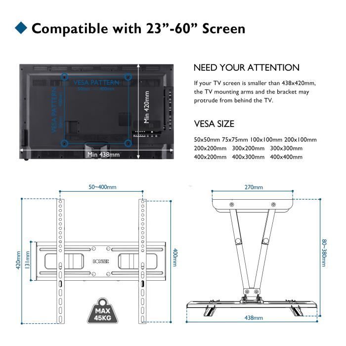 Bontec Support TV Mural Orientable et Inclinable - TV 37 à 80 - Double Bras  - Max Charge de 65 kg / VESA 600x400mm - Support TV - Achat & prix