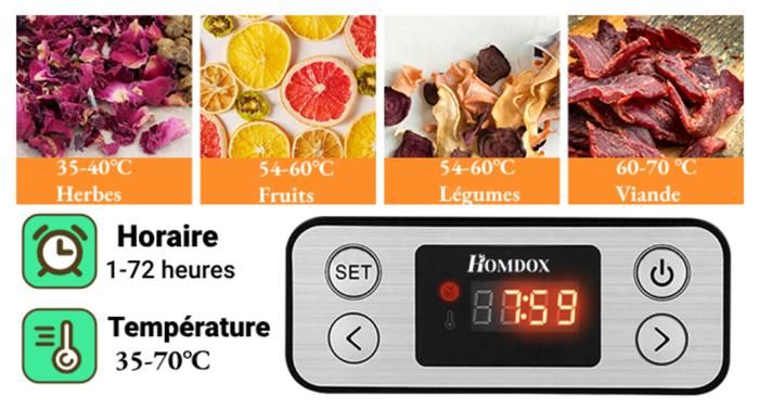 Déshydrateur alimentaire 10 plateaux inox 1000W, température/minuterie réglables, pour viande, fruits, légumes