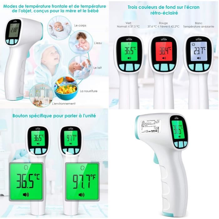 Thermomètre GENERIQUE Le Thermomètre Frontal, Avec Alarme Thermique, 2 en  1, Aucun Contact Frontal, avec Fonction Mémoire, écran LCD, Adapté pour les  Bébés adultes