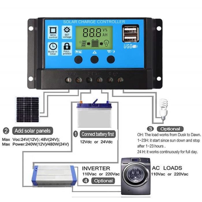 Contrôleur de Charge Solaire, Régulateur Intelligent de Pile de Panneau Solaire 12V/24V/5V, Port USB LCD Réglable PWM Auto 30A Contrôleur de Charge Solaire, Régulateur Intelligent de Pile de Panneau Solaire 12V/24V/5V, Port USB LCD Réglable PWM Auto 30A