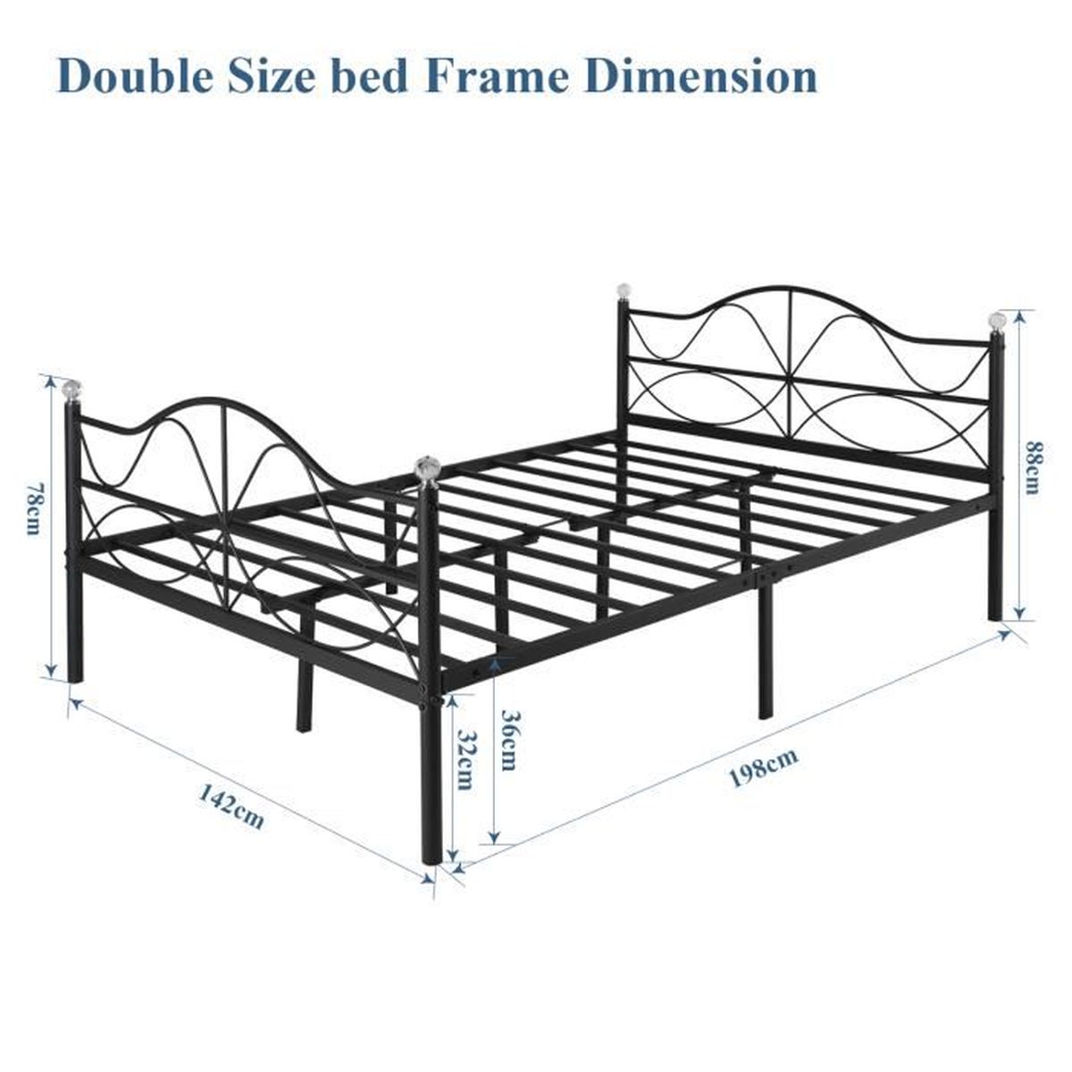 VECELO Cadre de Lit Double en M/étal Classique Structure de Lit Double 140x190 CM pour Enfants Adults Cadre de Lit en Fer Forg/é Noir-Grand Espace de Rangement sous-Lit-2 Place