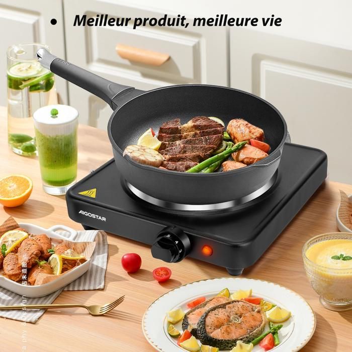 Plaque De Cuisson Portable Aigostar Gem 1500W - Réchaud Électrique En Fonte Avec Thermostat 5 Niveaux, Protection Surchauffe Et Pieds Antidérapants