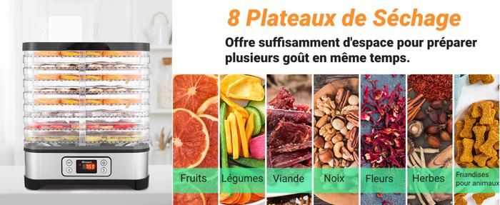 Déshydrateur Alimentaire -HOMDOX- Minuterie Réglable 0 -72H Déshydrateur viande/champignons 8 Plateaux Sans BPA avec Plat de fruits - Electroménager