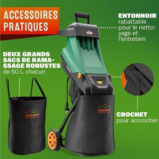 Broyeur De Végétaux Gardebruk 3100W - Branches Jusqu'à 45mm, Sac 60L - Silencieux Et Compact