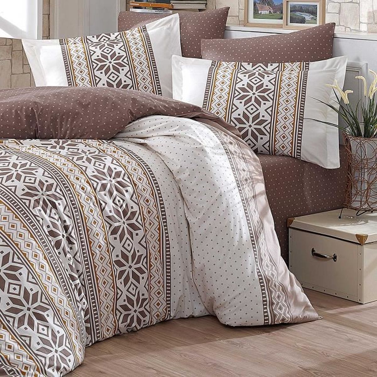 Parure De Lit Carla Geometrique Marron 2 Personnes 4 Pcs Housse