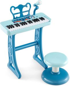 PIANO GOPLUS Piano Enfant à 37 Touches avec Pupitre et Tabouret Max.50KG, Jouet Clavier de Piano avec Microphone Ajustable, Bleu