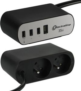 MULTIPRISE Black/Silver 35461 Bloc Multiprise pour Bureaux Electradock avec 2 Prises Françaises + 4 USB (3 USB C (Power Delivery) PD35W +