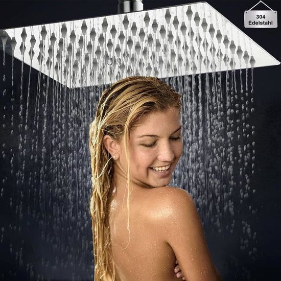 Pommeau De Douche Carré Effet Pluie 20x20cm - Acier Inox 304 Chromé - Buses Anti-Calcaire - Rotation 360°